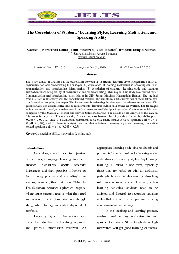 (PDF) The Correlation of Students’ Learning Styles, Learning Motivation ...