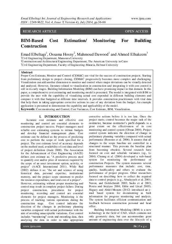 (PDF) BIM-Based Cost Estimation/ Monitoring For Building Construction
