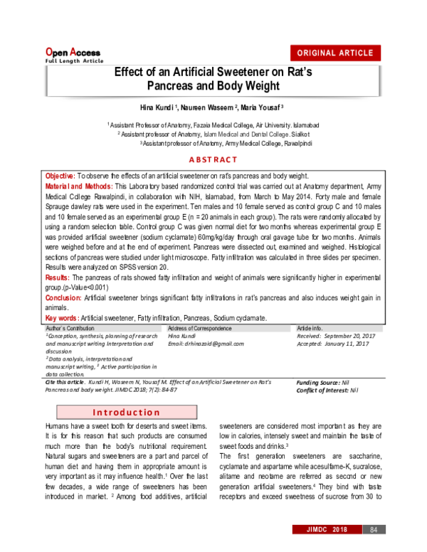 (PDF) Effect of an Artificial Sweetener on Rat’s Pancreas and Body Weight