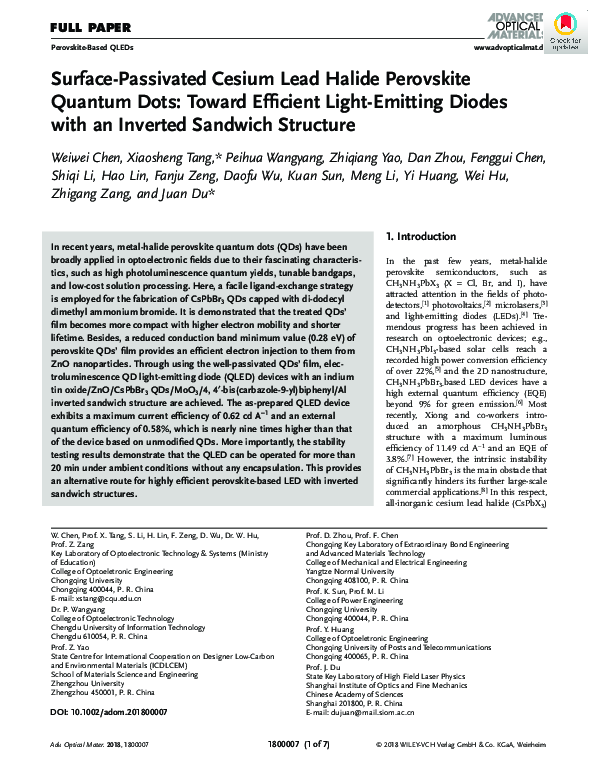 (PDF) Surface‐Passivated Cesium Lead Halide Perovskite Quantum Dots ...