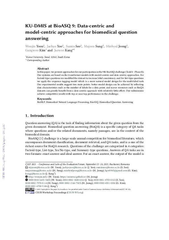 (PDF) KU-DMIS at BioASQ 9: Data-centric and model-centric approaches ...