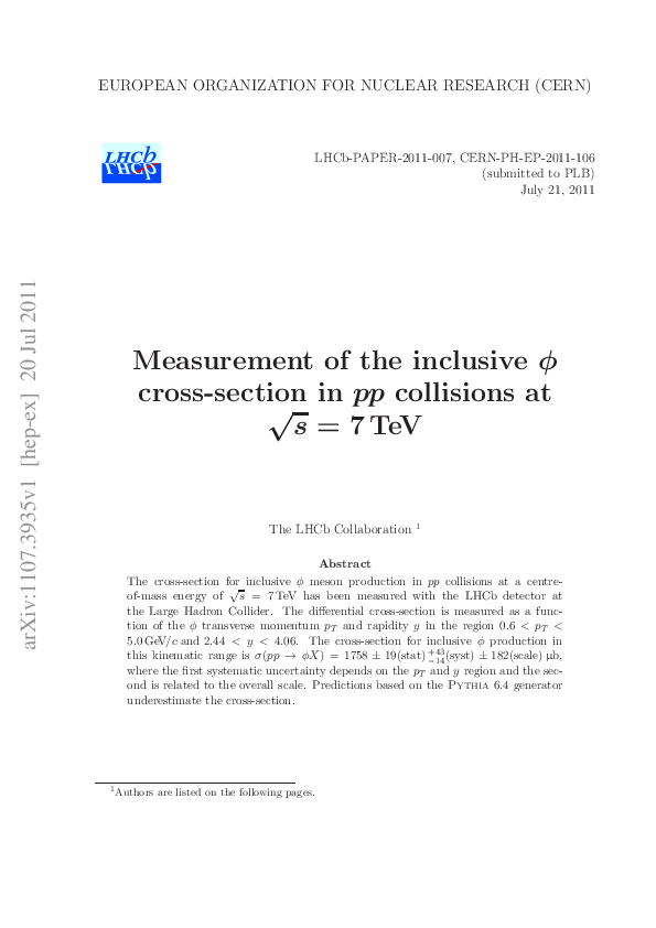 (PDF) Measurement of the inclusive ϕ cross-section in pp collisions at ...