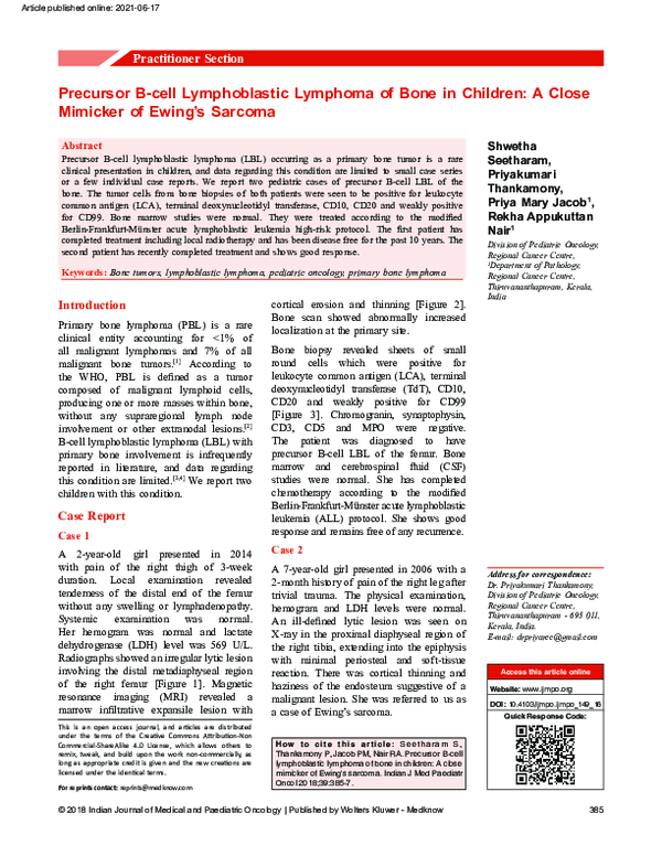 (PDF) Precursor B-cell Lymphoblastic Lymphoma of Bone in Children: A ...