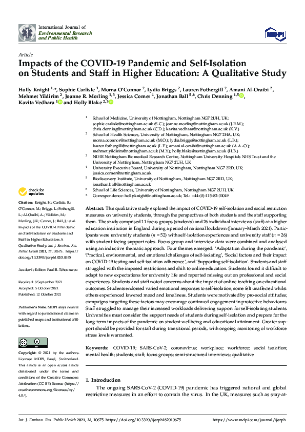 (PDF) Impacts of the COVID-19 Pandemic and Self-Isolation on Students ...
