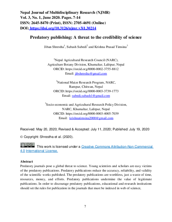 (PDF) Predatory publishing: A threat to the credibility of science