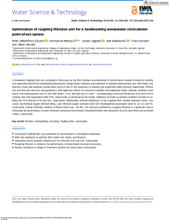 (PDF) Optimization of roughing filtration unit for a handwashing ...