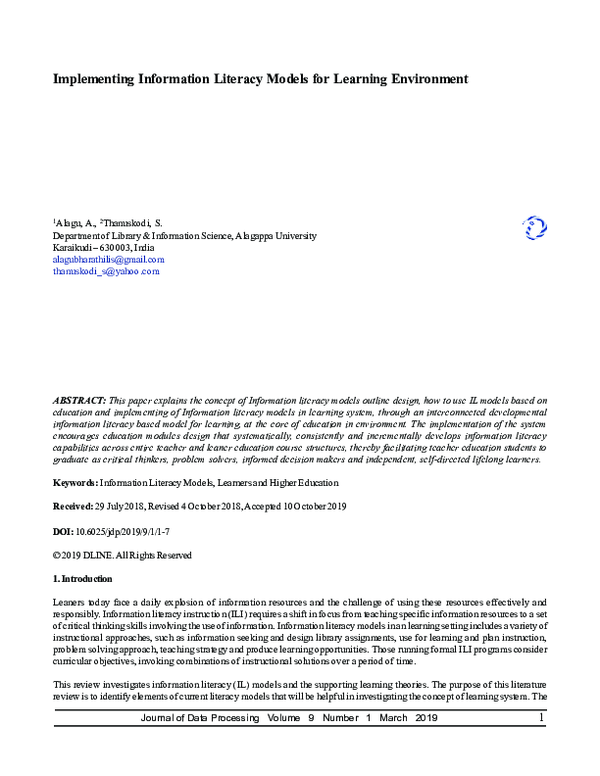 (PDF) Implementing Information Literacy Models for Learning Environment