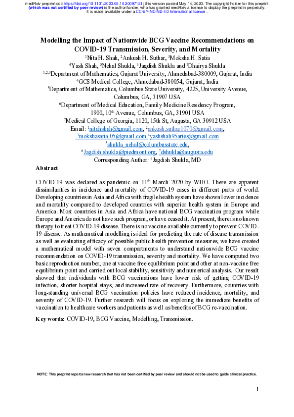 (PDF) Modeling the Impact of Nationwide BCG Vaccine Recommendations on ...