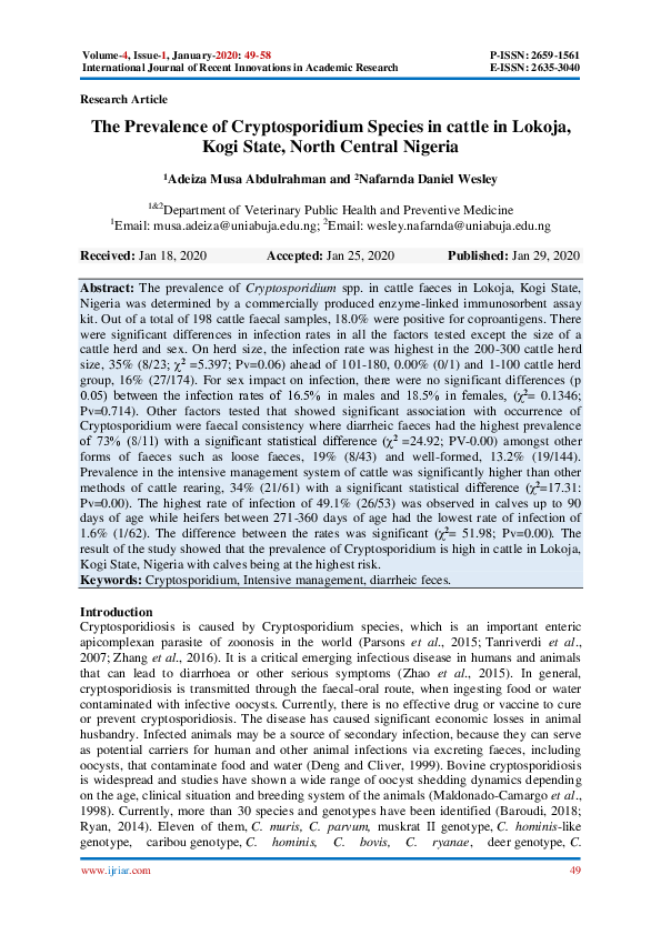 (PDF) The Prevalence of Cryptosporidium Species in cattle in Lokoja ...
