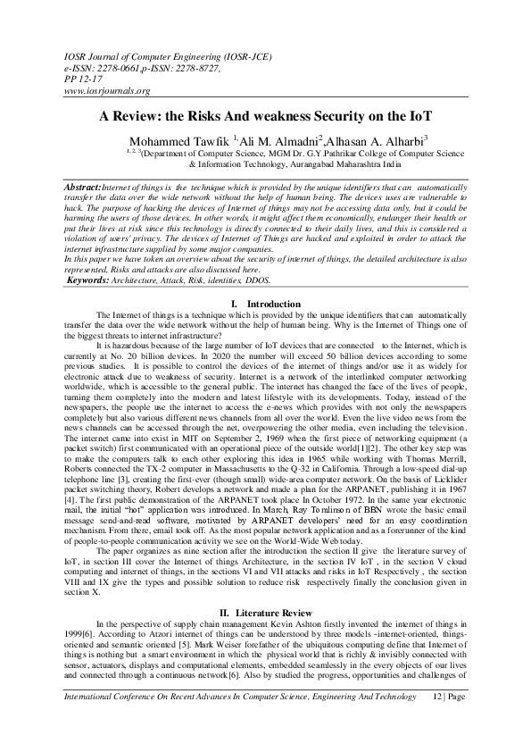 (PDF) A Review: the Risks And weakness Security on the IoT