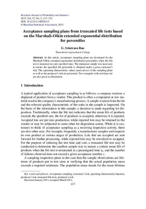 (PDF) Acceptance sampling plans from truncated life tests based on the ...