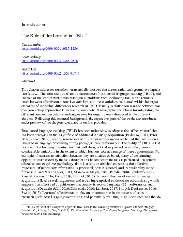 (DOC) (2023) The Role of the Learner in Task-Based Language Teaching