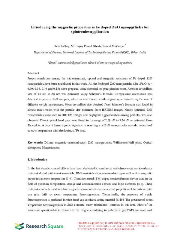 (PDF) Introducing the magnetic properties in Fe doped ZnO nanoparticles ...