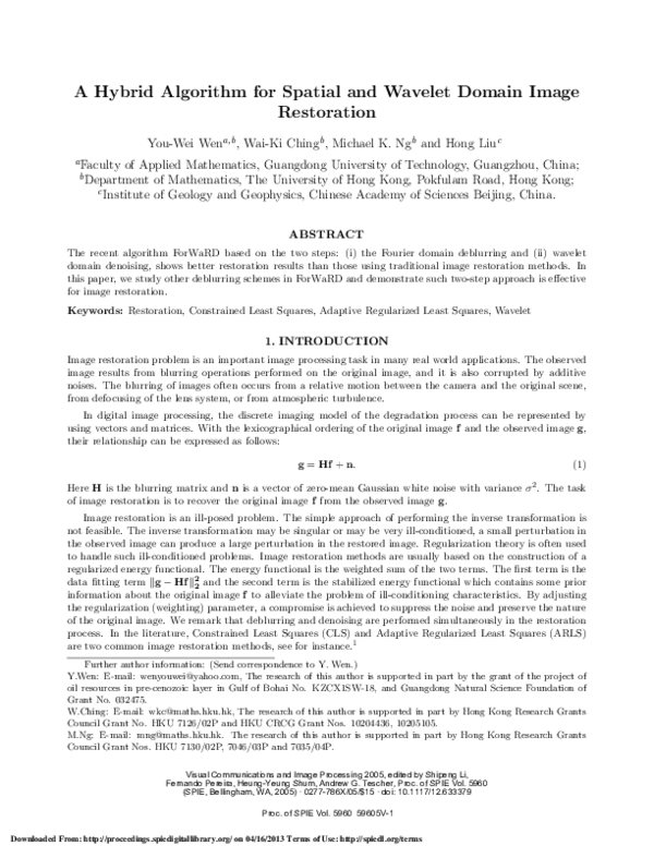 (PDF) A hybrid algorithm for spatial and wavelet domain image restoration