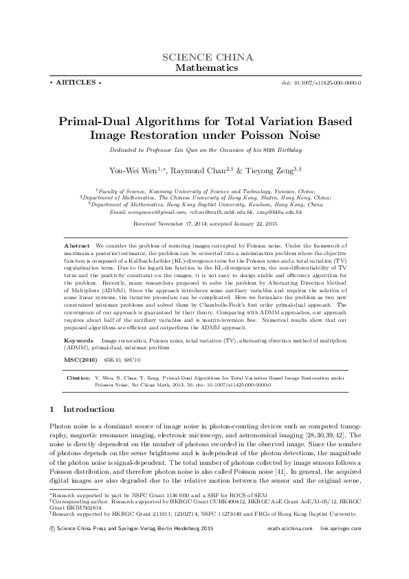 (PDF) Primal-dual algorithms for total variation based image ...