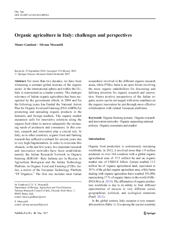 (PDF) Organic agriculture in Italy: challenges and perspectives