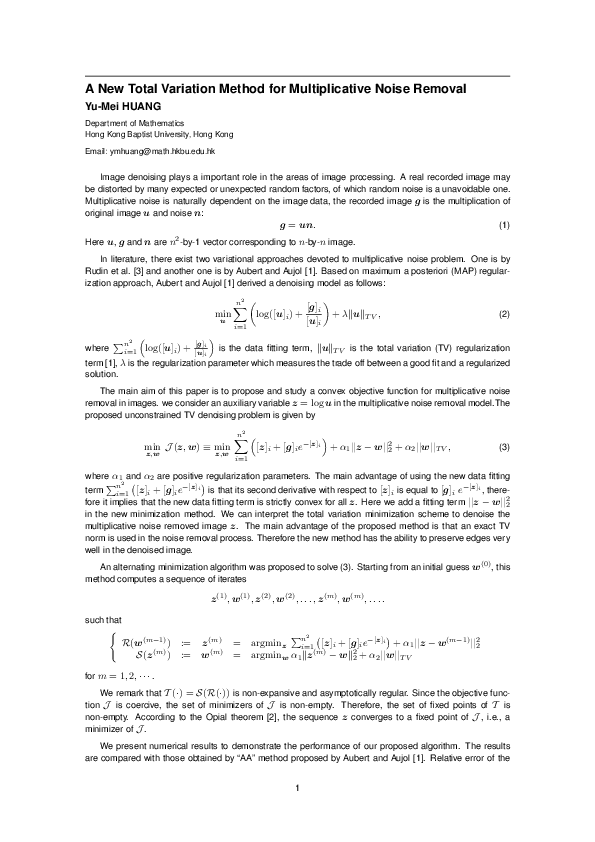 (PDF) A New Total Variation Method for Multiplicative Noise Removal