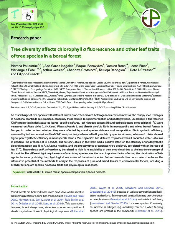 (PDF) Tree diversity affects chlorophyllafluorescence and other leaf ...