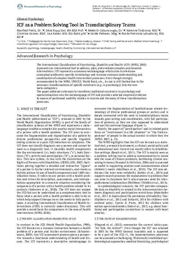 (PDF) ICF as a Problem Solving Tool in Transdisciplinary Teams