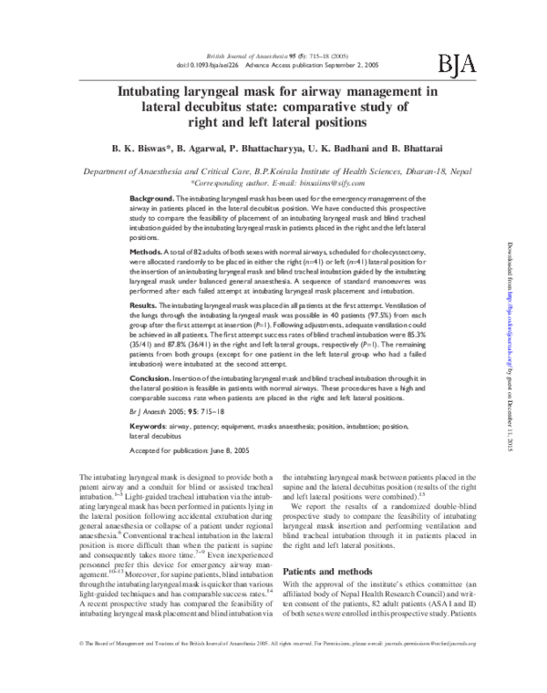 (PDF) Intubating laryngeal mask for airway management in lateral