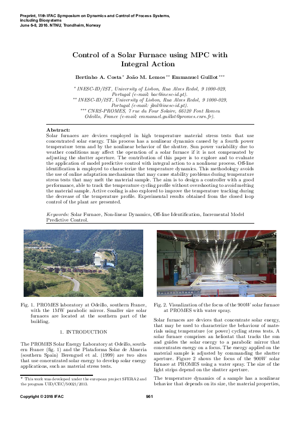 (PDF) Control of a Solar Furnace using MPC with Integral Action