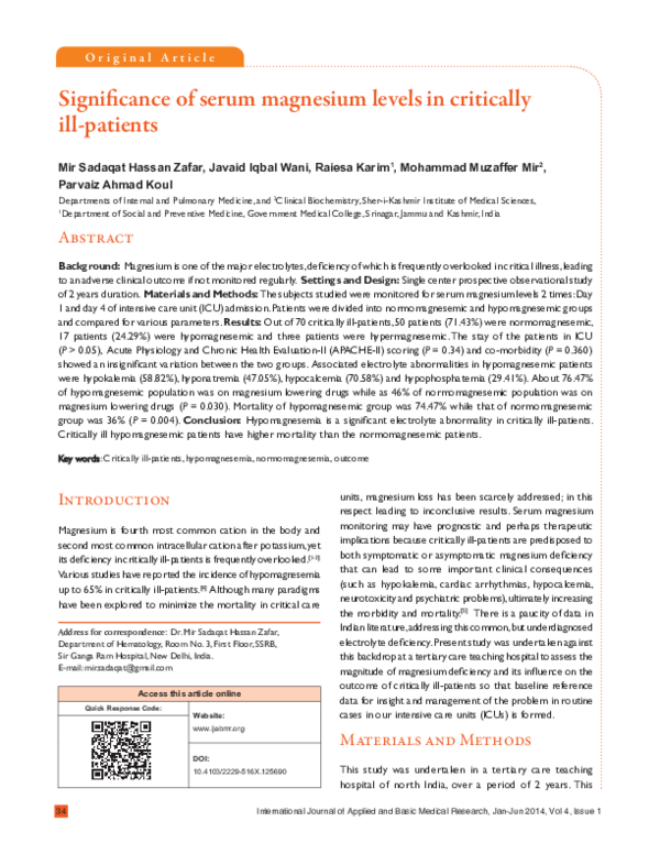 (PDF) Significance of serum magnesium levels in critically illpatients
