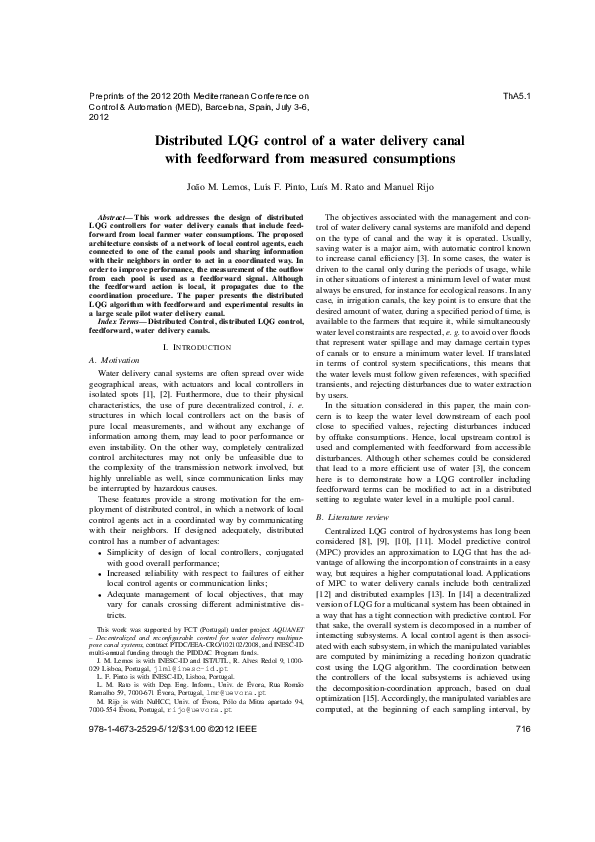 (PDF) Distributed LQG control of a water delivery canal with ...