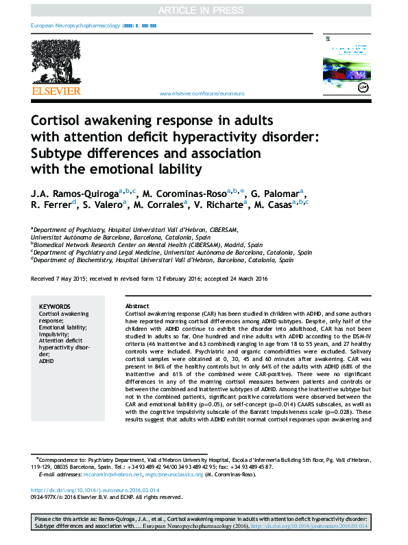 (PDF) Cortisol awakening response in adults with attention deficit ...