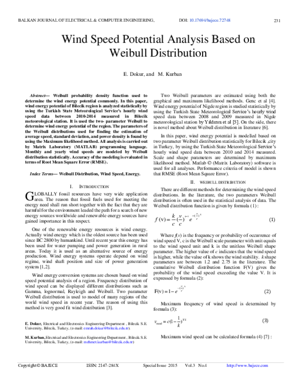 (PDF) Wind Speed Potential Analysis Based on Weibull Distribution