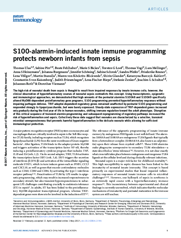 (PDF) S100-alarmin-induced innate immune programming protects newborn ...