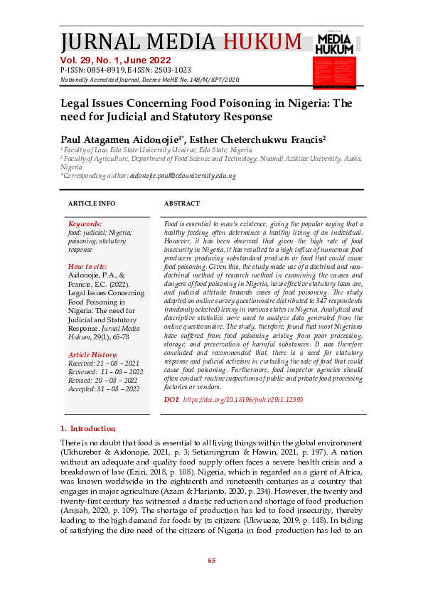 (PDF) Legal Issues Concerning Food Poisoning in Nigeria: The need for ...