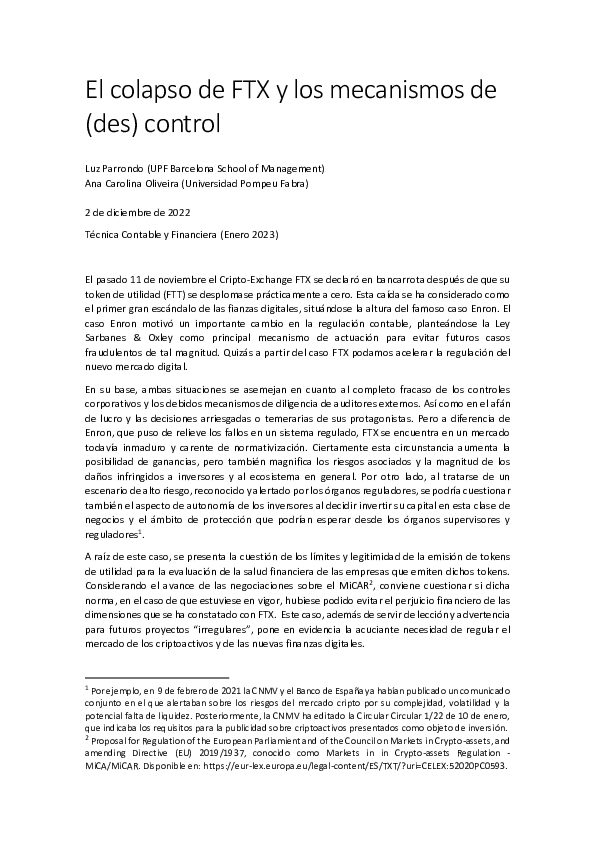 (PDF) El colapso de FTX y los mecanismos de (des) control
