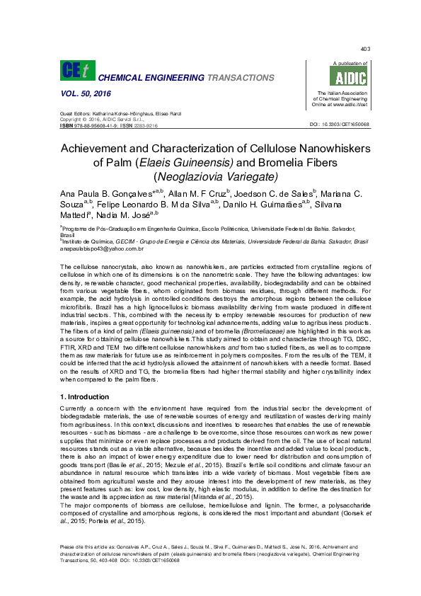 (PDF) Achievement and Characterization of Cellulose Nanowhiskers of ...