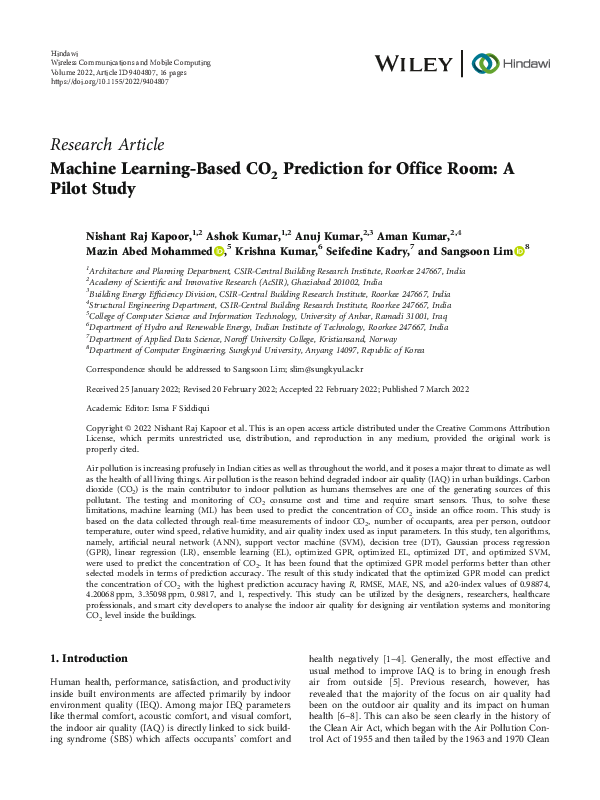 (PDF) Machine Learning-Based CO2 Prediction for Office Room: A Pilot Study