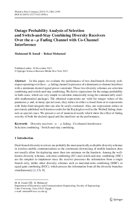 (PDF) Outage Probability Analysis of Selection and Switch-and-Stay ...