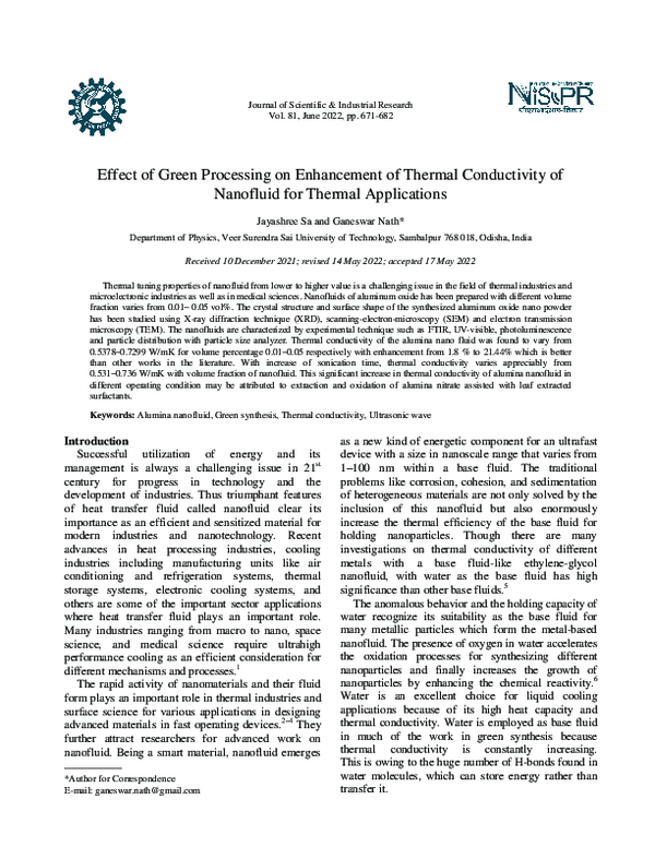 (PDF) Effect of Green Processing on Enhancement of Thermal Conductivity ...