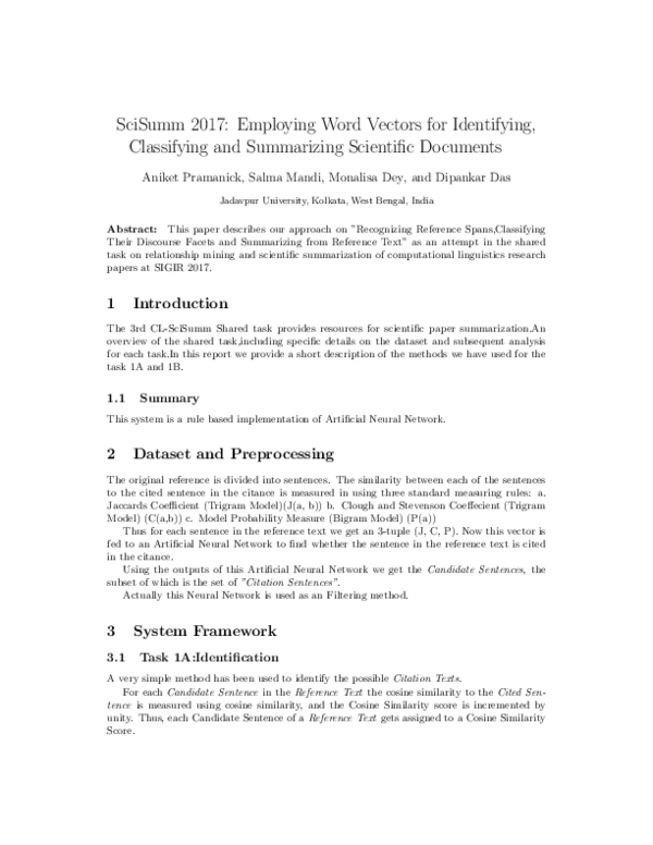 (PDF) SciSumm 2017: Employing Word Vectors for Identifying, Classifying ...
