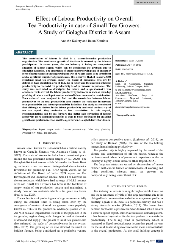 (PDF) Effect of Labour Productivity on Overall Tea Productivity in case ...