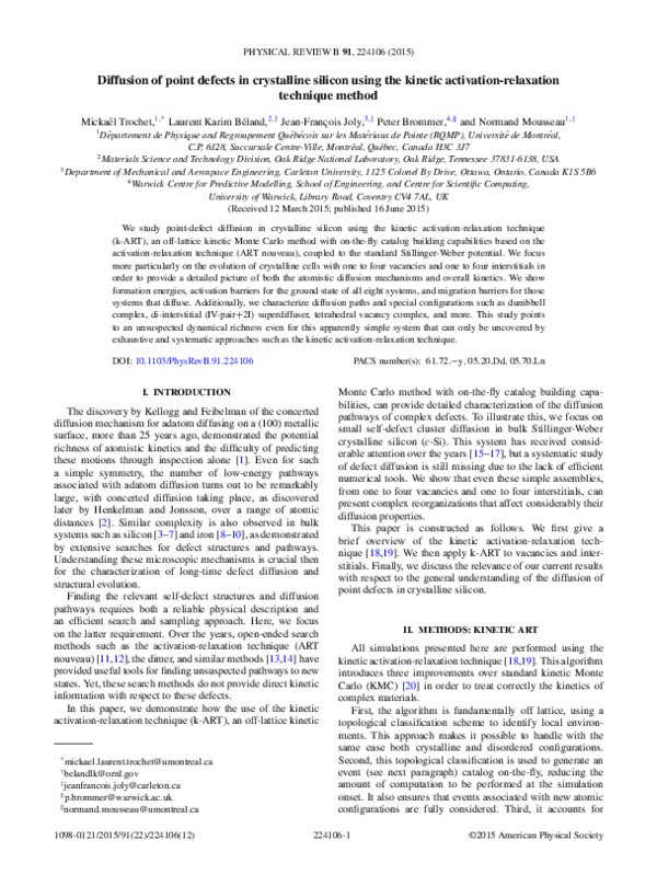 (PDF) Diffusion of point defects in crystalline silicon using the ...