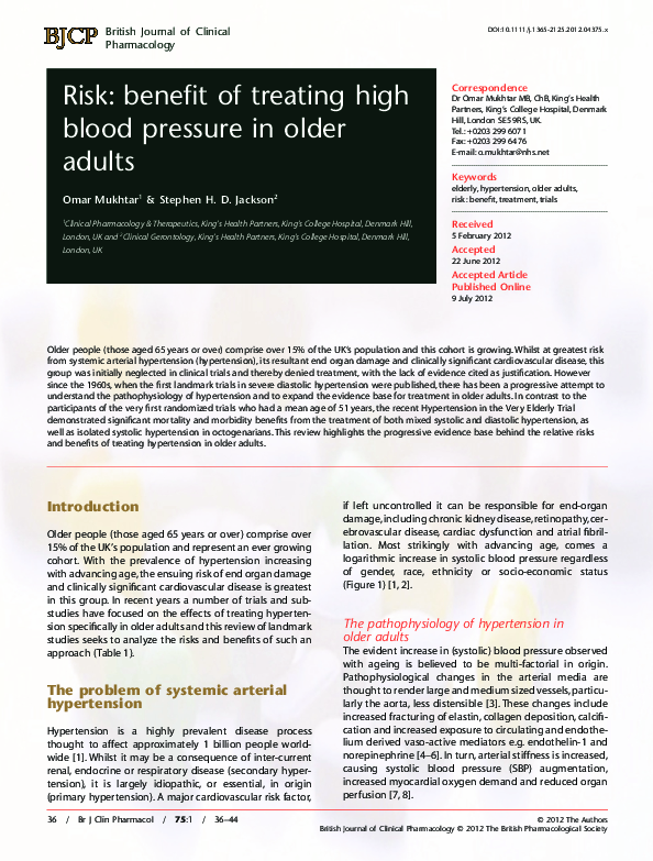 (PDF) Risk: benefit of treating high blood pressure in older adults