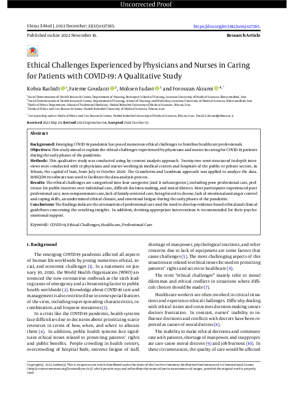 (PDF) Ethical Challenges Experienced by Physicians and Nurses in Caring ...