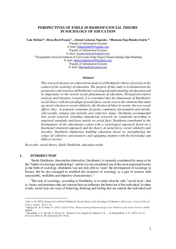 (PDF) PERSPECTIVES OF EMILE DURKHEIM'S SOCIAL THEORY IN SOCIOLOGY OF ...