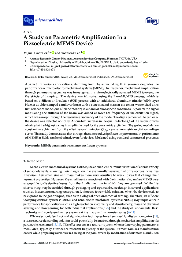 (PDF) A Study on Parametric Amplification in a Piezoelectric MEMS Device