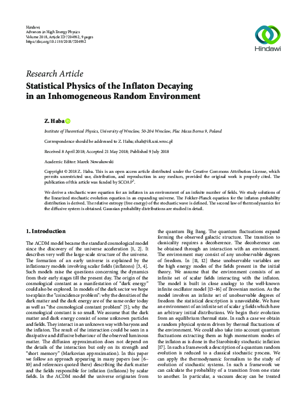 (PDF) Statistical Physics of the Inflaton Decaying in an Inhomogeneous ...