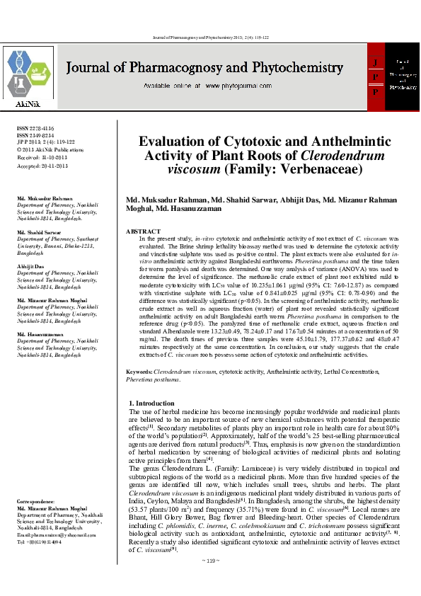 (PDF) Evaluation of Cytotoxic and Anthelmintic Activities of Bark ...