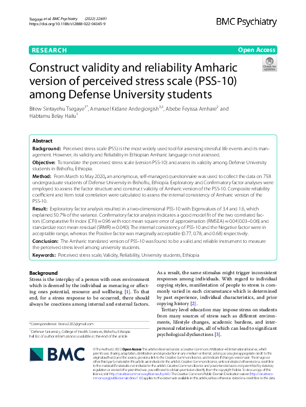 (PDF) Construct validity and reliability Amharic version of perceived ...