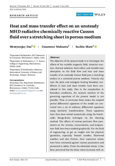 (PDF) Heat and mass transfer effect on an unsteady MHD radiative ...