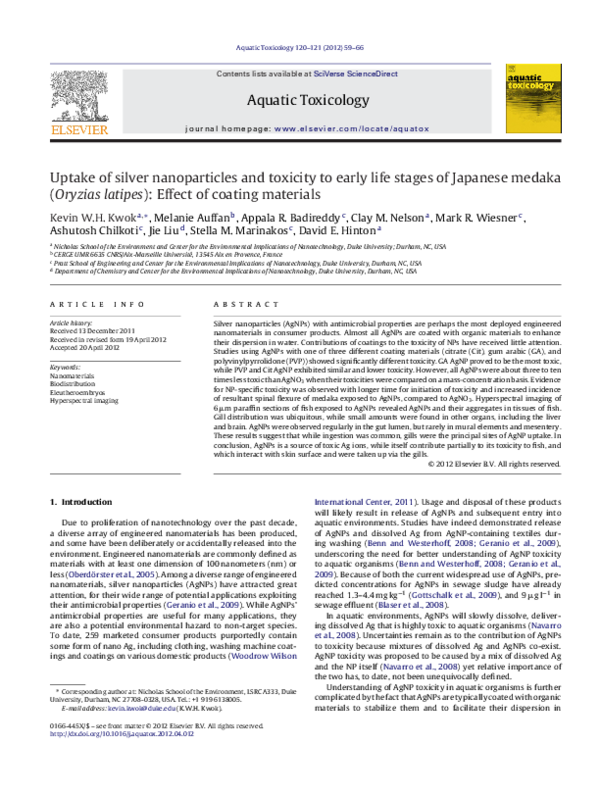 (PDF) Uptake of silver nanoparticles and toxicity to early life stages ...