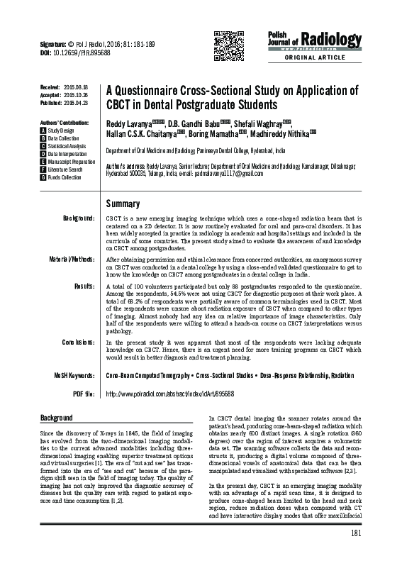 (PDF) A Questionnaire Cross-Sectional Study on Application of CBCT in ...