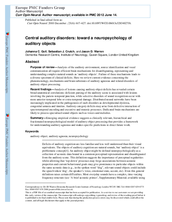 (PDF) Central auditory disorders: toward a neuropsychology of auditory ...